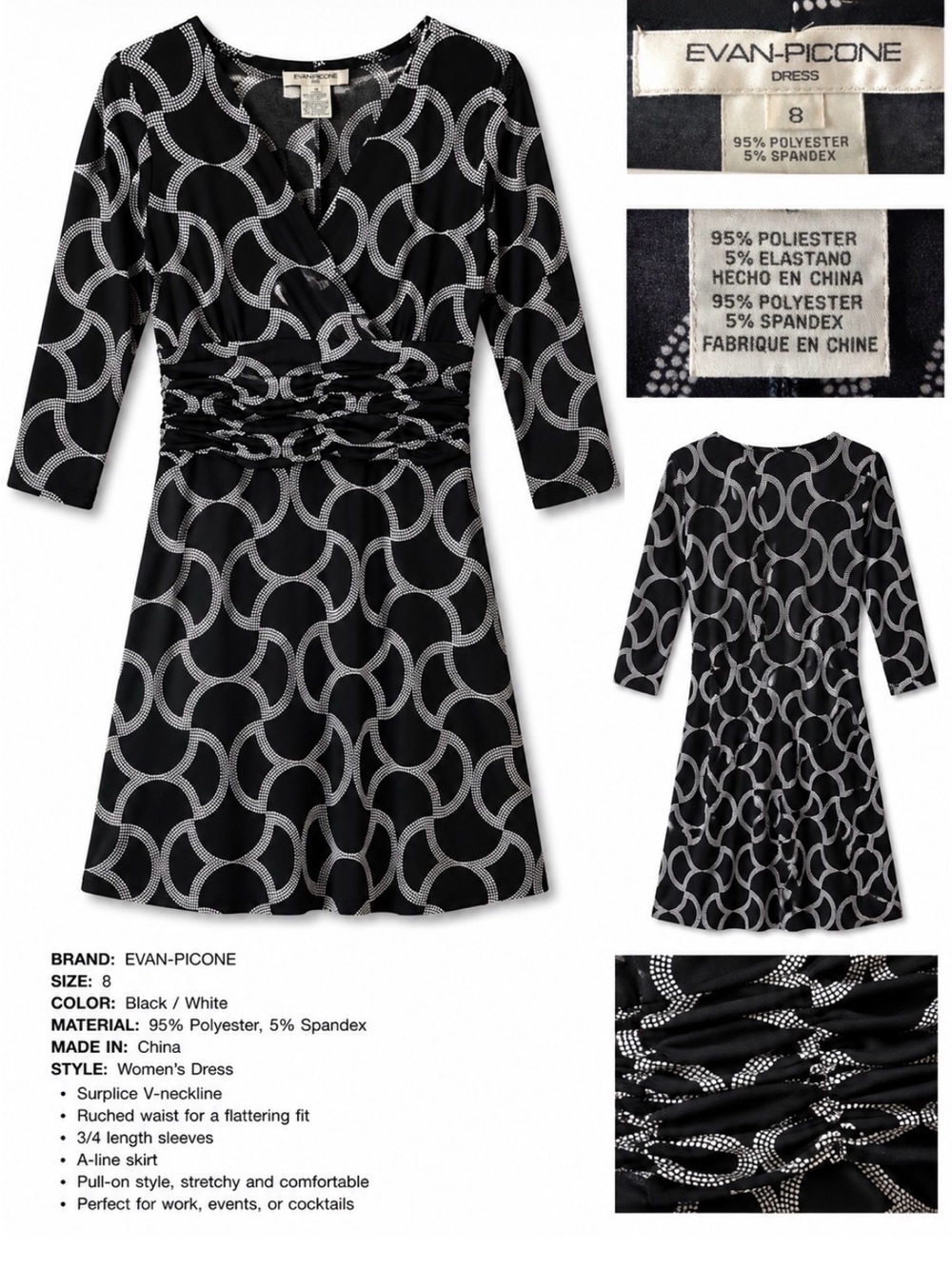 Evan Picone Black and White Surplice A-Line Dress with Ruched Waist